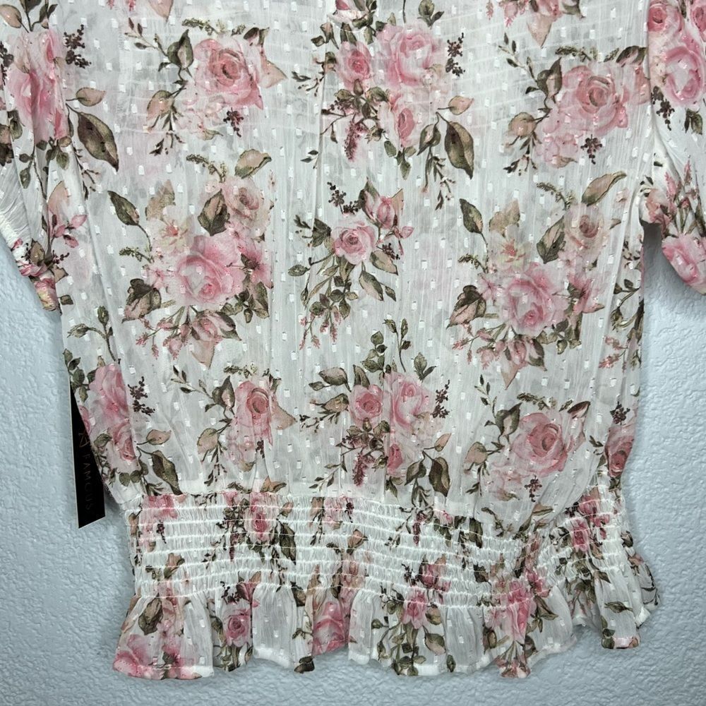 New Almost Famous White Floral Print Gossy Short Sleeve Cottagecore Blouse Sz S - Picture 7 of 11